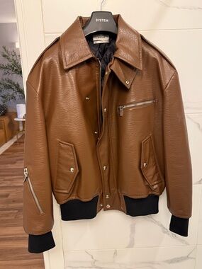 SYSTEM PARIS Brown Leather Bomber Jacket Size Small SSENSE exclusive